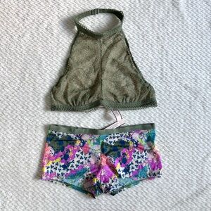 Victorias Secret Halter Bralette Bra Shortie Set S Green Floral Fairy Cottage